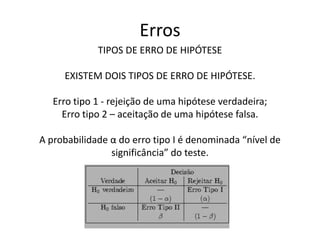 Erros
             TIPOS DE ERRO DE HIPÓTESE

     EXISTEM DOIS TIPOS DE ERRO DE HIPÓTESE.

   Erro tipo 1 - rejeição de uma hipótese verdadeira;
     Erro tipo 2 – aceitação de uma hipótese falsa.

A probabilidade α do erro tipo I é denominada “nível de
                significância” do teste.
 