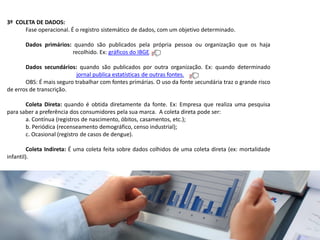 3º COLETA DE DADOS:
Fase operacional. É o registro sistemático de dados, com um objetivo determinado.
Dados primários: quando são publicados pela própria pessoa ou organização que os haja
recolhido. Ex: gráficos do IBGE.
Dados secundários: quando são publicados por outra organização. Ex: quando determinado
jornal publica estatísticas de outras fontes.
OBS: É mais seguro trabalhar com fontes primárias. O uso da fonte secundária traz o grande risco
de erros de transcrição.
Coleta Direta: quando é obtida diretamente da fonte. Ex: Empresa que realiza uma pesquisa
para saber a preferência dos consumidores pela sua marca. A coleta direta pode ser:
a. Contínua (registros de nascimento, óbitos, casamentos, etc.);
b. Periódica (recenseamento demográfico, censo industrial);
c. Ocasional (registro de casos de dengue).
Coleta Indireta: É uma coleta feita sobre dados colhidos de uma coleta direta (ex: mortalidade
infantil).
 