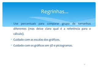 Regrinhas...
∗ Use percentuais para comparar grupo de tamanhos
  diferentes (mas deixe claro qual é a referência para o
  cálculo).
∗ Cuidado com as escalas dos gráficos.
∗ Cuidado com os gráficos em 3D e pictogramas.




                                                   13
 