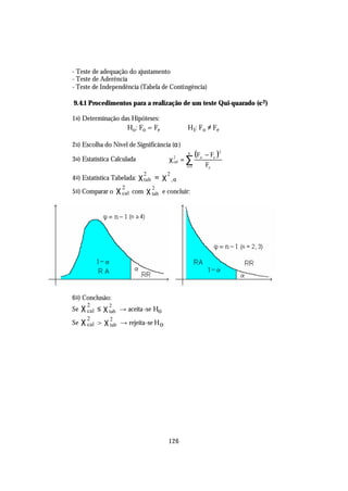 - Teste de adequação do ajustamento
- Teste de Aderência
- Teste de Independência (Tabela de Contingência)

9.4.1 Procedimentos para a realização de um teste Qui-quarado (χ 2 )

1 o) Determinação das Hipóteses:
                    Ho : Fo = Fe                     H1: Fo ≠ Fe

2 o) Escolha do Nível de Significância (α)
                                                     k
                                                            (Fo   − Fe )
                                                                       2
3 o)   Estatística Calculada              χ   2
                                              cal   =∑
                                                     i =1         Fe
4 o) Estatística Tabelada:     χ 2 = χ 2 ,α
                                 tab   ϕ

5 o) Comparar o       χ2
                       cal   com χ tab e concluir:
                                    2




6 o) Conclusão:
Se     χ2
        cal   ≤ χ tab → aceita -se Ho
                  2


Se     χ2
        cal   > χ tab → rejeita-se H o
                  2




                                          126
 