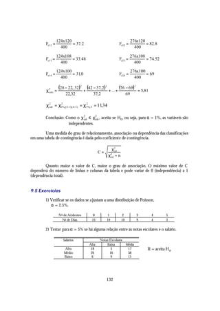 124x120                                                276x120
        Fe12 =              = 37. 2                           Fe22 =               = 82. 8
                      400                                                    400

                    124x108                                                276x108
        Fe13 =              = 33. 48                          Fe23 =               = 74. 52
                      400                                                    400

                    124x100                                                276x100
        Fe14 =              = 31.0                            Fe24 =               = 69
                      400                                                    400


        χ   2
                   =
                     (28 − 22,.32)2 + (42 − 37, 2)2    + ... +
                                                               (76 − 69)2      = 5,81
            calc
                         22,32            37,2                        69

        χ 2 = χ1%;( 2 −1)( 4−1) = χ1%;3 = 11,34
          tab
               2                   2




        Conclusão: Como o χ 2 ≤ χ 2 , aceita-se Ho, ou seja, para α = 1%, as variáveis são
                            cal    tab
                    independentes.

        Uma medida do grau de relacionamento, associação ou dependência das classificações
em uma tabela de contingência é dada pelo coeficiente de contingência.

                                                        χ2
                                               C=         cal
                                                      χcal + n
                                                       2



        Quanto maior o valor de C, maior o grau de associação, O máximo valor de C
dependerá do número de linhas e colunas da tabela e pode variar de 0 (independência) a 1
(dependência total).


9.5 Exercícios

        1) Verificar se os dados se a justam a uma distribuição de Poisson,
           α = 2.5%.

                     No de Acidentes       0           1          2           3         4      5
                       No de Dias         25          19         10           9         4      3

        2) Testar para α = 5% se há alguma relação entre as notas escolares e o salário.

                        Salários               Notas Escolares
                                        Alta       Baixa       Média
                        Alto             18           5         17                  R = aceita H o
                        Médio            26          16         38
                        Baixo             6           9         15




                                                    132
 