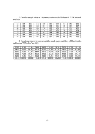 2) Os dados a seguir refere-se a altura em centímetros de 70 alunos da PUCC, turma 6,
ano 2000.

   153      154      155      156      158          160    160      161      161      161
   162      162      163      163      164          164    165      166      167      167
   168      168      169      169      170          170    170      171      171      172
   172      173      173      174      174          175    175      176      177      178
   179      179      180      182      183          184    185      186      186      187
   188      188      189      189      190          191    192      192      192      192
   193      194      194      195      197          197    199      200      201      205

      3) Os dados a seguir referem-se aos salários anuais pagos em dólares a 60 funcionários
da Empresa “PETA S.A.” em 1997.

  50,00   52,50     53,50    54,00     54,20     55,50    56,30    56,50    57,00    58,10
  58,50   59,00     60,30    61,50     62,00     62,90    63,50    64,00    64,30    65,00
  66,00   66,25     67,50    68,00     68,70     69,50    70,00    72,00    75,00    76,50
  77,00   78,00     80,00    81,50     82,50     83,50    85,00    87,30    88,00    89,10
  90,00   91,35     92,10    93,20     94,00     95,25    96,00    97,00    98,00    99,80
 100,10   100,20    101,00   102,00   103,40    104,30    105,00   107,00   108,00   109,10




                                               49
 