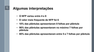 • O NFP variou entre 4 e 8
• O valor mais frequente de NFP foi 6
• 10% das plântulas apresentaram 8 folhas por plântula
• 90% das plântulas apresentaram no máximo 7 folhas por
plântula
• 80% das plântulas apresentaram entre 5 e 7 folhas por plântula
Algumas interpretações
 