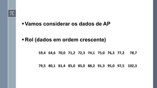 ▪Vamos considerar os dados de AP
▪Rol (dados em ordem crescente)
59,4 64,6 70,0 71,2 72,3 74,1 75,0 76,3 77,2 78,7
79,5 80,1 81,4 85,0 85,0 88,2 91,3 95,0 97,5 102,3
 