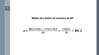 Média dos dados da amostra de AP
m =
𝟖𝟖,𝟐+𝟓𝟗,𝟒+⋯+𝟕𝟒,𝟏+𝟕𝟔,𝟑
𝟐𝟎
=
𝟏.𝟔𝟎𝟒,𝟏
𝟐𝟎
= 𝟖𝟎, 𝟐
 