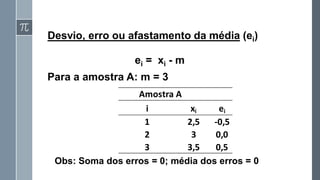 Desvio, erro ou afastamento da média (ei)
Para a amostra A: m = 3
Obs: Soma dos erros = 0; média dos erros = 0
ei = xi - m
i xi ei
1 2,5 -0,5
2 3 0,0
3 3,5 0,5
Amostra A
 