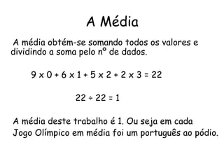 A Média
A média obtém-se somando todos os valores e
dividindo a soma pelo nº de dados.

    9 x 0 + 6 x 1 + 5 x 2 + 2 x 3 = 22

               22 ÷ 22 = 1

A média deste trabalho é 1. Ou seja em cada
Jogo Olímpico em média foi um português ao pódio.
 