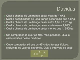 Qual a chance de um frango pesar mais de 1,6Kg
 Qual a possibilidade de uma frango pesar mais que 1,8Kg
 Qual a chance de um frango pesar entre 1,65 a 1,75 kg
 Qual a chance de um frango pesar exatamente 1,700kg
 Qual a chance de um frango pesar menos que 1, 550Kg
 Um comprador só quer os 10% mais pesados. Qual a
característica desse produto?
 Outro comprador só que os 95% dos frangos típicos,
excluindo os valores extremos. Qual o intervalo de peso
𝑍 =
𝑋 − 𝜇
𝜎
 