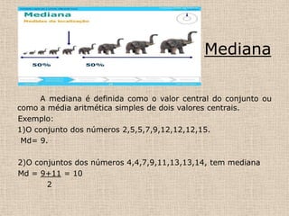 moda.Média AritméticaA média aritmética simples de um conjunto de n números x, x₁,x₂, x₃, ..., xn será indicada por x, e⁻é definida como o quociente da soma dos números. Exemplo:1)A média aritmética simples dos números 2, 5, 8, 10 e 12 é x= 2+5+8+10+12=37=7,4 5 52) A média aritmética simples de 1,2,3,4,5, é .