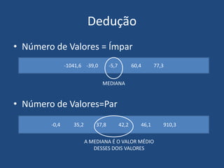 Dedução
• Número de Valores = Ímpar
               -1041,6 -39,0        -5,7          60,4      77,3


                               MEDIANA


• Número de Valores=Par
        -0,4      35,2       37,8          42,2      46,1      910,3


                         A MEDIANA É O VALOR MÉDIO
                            DESSES DOIS VALORES
 