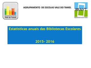 Estatísticas anuais das Bibliotecas Escolares
2015- 2016
AGRUPAMENTO DE ESCOLAS VALE DO TAMEL
 
