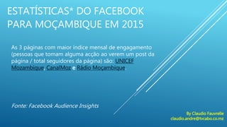 ESTATÍSTICAS* DO FACEBOOK
PARA MOÇAMBIQUE EM 2015
As 3 páginas com maior índice mensal de engagamento
(pessoas que tomam alguma acção ao verem um post da
página / total seguidores da página) são: UNICEF
Mozambique, CanalMoz e Rádio Moçambique.
Fonte: Facebook Audience Insights
By Claudio Fauvrelle
claudio.andre@tvcabo.co.mz
 