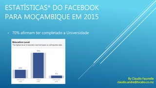 ESTATÍSTICAS* DO FACEBOOK
PARA MOÇAMBIQUE EM 2015
• 70% afirmam ter completado a Universidade
By Claudio Fauvrelle
claudio.andre@tvcabo.co.mz
 