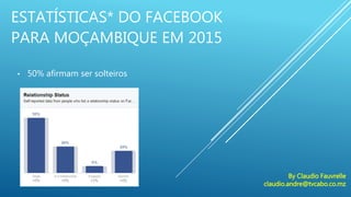ESTATÍSTICAS* DO FACEBOOK
PARA MOÇAMBIQUE EM 2015
• 50% afirmam ser solteiros
By Claudio Fauvrelle
claudio.andre@tvcabo.co.mz
 