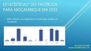 ESTATÍSTICAS* DO FACEBOOK
PARA MOÇAMBIQUE EM 2015
• 80% utilizam um dispositivo móvel para aceder ao
Facebook
By Claudio Fauvrelle
claudio.andre@tvcabo.co.mz
 