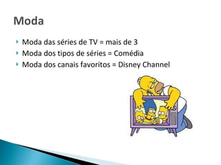 Moda das séries de TV = mais de 3 Moda dos tipos de séries = Comédia Moda dos canais favoritos = Disney Channel 