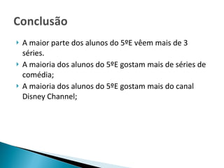 A maior parte dos alunos do 5ºE vêem mais de 3 séries. A maioria dos alunos do 5ºE gostam mais de séries de comédia; A maioria dos alunos do 5ºE gostam mais do canal Disney Channel; 