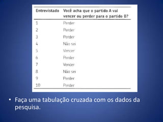• Faça uma tabulação cruzada com os dados da
  pesquisa.
 