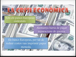 Tots els països Europeus
        endeutats.

                           Alemanya havia de pagar
                            reparacions de guerra.

  Els bancs Europeus, per tal de
reduir costos van imprimir paper
             moneda.
 