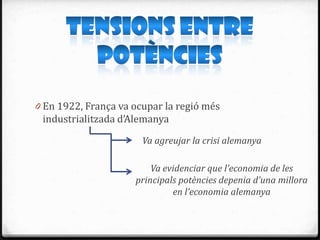 0 En 1922, França va ocupar la regió més
 industrialitzada d’Alemanya
                       Va agreujar la crisi alemanya

                         Va evidenciar que l’economia de les
                     principals potències depenia d’una millora
                              en l’economia alemanya
 