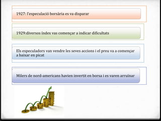 1927: l’especulació bors{ria es va disparar



1929:diversos índex vas començar a indicar dificultats



Els especuladors van vendre les seves accions i el preu va a començar
a baixar en picat




Milers de nord-americans havien invertit en borsa i es varen arruïnar
 