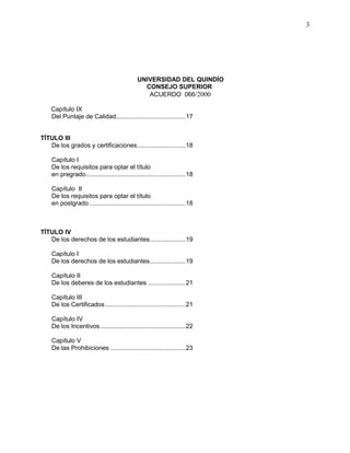 UNIVERSIDAD DEL QUINDÍO
CONSEJO SUPERIOR
ACUERDO 066/2000
3
Capítulo IX
Del Puntaje de Calidad.......................................17
TÍTULO III
De los grados y certificaciones...........................18
Capítulo I
De los requisitos para optar el título
en pregrado........................................................18
Capítulo II
De los requisitos para optar el título
en postgrado......................................................18
TÍTULO IV
De los derechos de los estudiantes....................19
Capítulo I
De los derechos de los estudiantes....................19
Capítulo II
De los deberes de los estudiantes .....................21
Capítulo III
De los Certificados.............................................21
Capítulo IV
De los Incentivos................................................22
Capítulo V
De las Prohibiciones ..........................................23
 