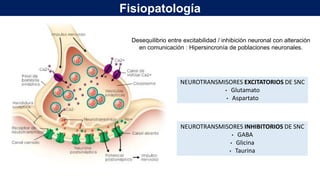 NEUROTRANSMISORES EXCITATORIOS DE SNC
• Glutamato
• Aspartato
NEUROTRANSMISORES INHIBITORIOS DE SNC
• GABA
• Glicina
• Taurina
Desequilibrio entre excitabilidad / inhibición neuronal con alteración
en comunicación : Hipersincronía de poblaciones neuronales.
Fisiopatología
 