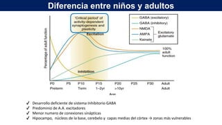 ✔ Desarrollo deficiente de sistema Inhibitorio GABA
✔ Predominio de A.A. excitadores
✔ Menor numero de conexiones sinápticas
✔ Hipocampo, núcleos de la base, cerebelo y capas medias del córtex → zonas más vulnerables
STATUS EPILEPTICUS IN THE PEDIATRIC EMERGENCY DEPARTMENT / KURZ AND GOLDSTEIN • VOL. 16, NO I
Diferencia entre niños y adultos
 