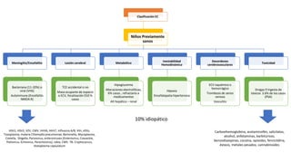 Clasificación EC
Niños Previamente
sanos
Meningitis/Encefalitis
Bacteriana (11-20%) o
viral (VHS)
Autoinmune (Encefalitis
NMDA R)
Lesión cerebral
TCE accidental o no
Masa ocupante de espacio
o ECV, focalización 🡪10 %
casos
Metabólico
Hipoglucemia
Alteraciones electrolíticas,
6% casos , refractario a
medicamentos
Alt hepática – renal
Inestabilidad
Hemodinámica
Hipoxia
Encefalopatía hipertensiva
Desordenes
cerebrovasculares
ECV isquémico o
hemorrágico
Trombosis de senos
venoso
Vasculitis
Toxicidad
Drogas 🡪 Ingesta de
tóxicos 3.6% de los casos
(PSA)
10% idiopático
HSV1, HSV2, VZV, CMV, HHV6, HHV7, influenza A/B, VIH, sifilis,
Toxoplasma, malaria Chlamydia pneumoniae, Bartonella, Mycoplasma,
Coxiella, Shigella, Parvovirus, enteroviruses (Enterovirus, Coxsackie,
Poliovirus, Echovirus, Parechovirus), rabia, CMV. TB. Cryptococcus,
Histoplasma capsulatum
Carboxihemoglobina, acetaminofén, salicilatos,
alcohol, anfetaminas, barbitúricos,
benzodiazepinas, cocaína, opioides, fenciclidina,
éxtasis, metales pesados, cannabinoides
 