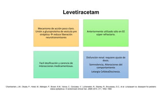 Mecanismo de acción poco claro.
Unión a glucoproteína de vesícula pre
sináptica  reduce liberación
neurotransmisores
Anteriormente utilizado sólo en EE
súper refractario.
Facil dosificación y carencia de
interacciones medicamentosas.
Disfunción renal: requiere ajuste de
dosis.
Somnolencia, Alteraciones del
comportamiento
Letargia CefaleaDiscinesia.
Chamberlain, J.M.; Okada, P.; Holsti, M.; Mahajan, P.; Brown, K.M.; Vance, C.; Gonzalez, V.; Lichenstein, R.; Stanley, R.; Brousseau, D.C.; et al. Lorazepam vs. diazepam for pediatric
status epilepticus: A randomized clinical trial. JAMA 2014, 311, 1652–1660
Levetiracetam
 