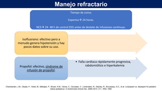 Isofluorano: efectivo pero a
menudo genera hipotensión y hay
pocos datos sobre su uso.
• Falla cardiaca rápidamente progresiva,
rabdomiólisis e hiperkalemia
Propofol: efectivo, síndrome de
infusión de propofol.
Tiempo de coma:
Expertos 24 horas.
NCS 24- 48 h de control EEG antes de destete de infusiones contínuas.
Chamberlain, J.M.; Okada, P.; Holsti, M.; Mahajan, P.; Brown, K.M.; Vance, C.; Gonzalez, V.; Lichenstein, R.; Stanley, R.; Brousseau, D.C.; et al. Lorazepam vs. diazepam for pediatric
status epilepticus: A randomized clinical trial. JAMA 2014, 311, 1652–1660
Manejo refractario
 