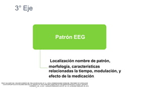 3° Eje
Patrón EEG
Localización nombre de patrón,
morfología, características
relacionadas la tiempo, modulación, y
efecto de la medicación.
 