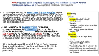 • UNA INFUSIÓN DE FOSFENITOÍNA DE 20 MG /
KG EQUIVALENTES DE FENITOÍNA (PE) (O 20 MG /
KG PARA FENITOÍNA) DEBE COMENZARSE A
100 A 150 MG PE / MIN (O 25 A 50 MG / MINUTO PARA
FENITOÍNA), pero la velocidad de infusión debe reducirse
si ocurren efectos adversos significativos.
• Una dosis adicional (5 mg de PE / kg de fosfenitoína o
5 mg / kg de fenitoína) puede administrarse 10 minutos
después de la infusión de carga si las convulsiones
persisten.)
• El apoyo para el uso de FENITOÍNA / FOSFENITOÍNA como
tratamiento de control urgente en adultos con GCSE se basa
principalmente en estudios observacionales y un pequeño
número de ensayos aleatorizados, que informaron tasas de
control de ataques que van del 56 al 84 por ciento cuando se
usa fenitoína utilizado como terapia inicial en combinación
con benzodiacepinas
NOTA: Después de la dosis completa de benzodiazepina, debe considerarse la TERAPIA ADJUNTA
/DE SEGUNDA LÍNEA con FAE IV. (para MANTENER CONTROL DE CONVUSLIONES)
 