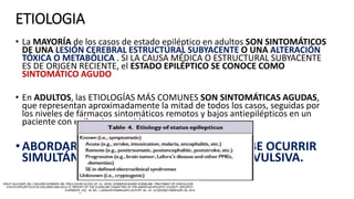 ETIOLOGIA
• La MAYORÍA de los casos de estado epiléptico en adultos SON SINTOMÁTICOS
DE UNA LESIÓN CEREBRAL ESTRUCTURAL SUBYACENTE O UNA ALTERACIÓN
TÓXICA O METABÓLICA . SI LA CAUSA MÉDICA O ESTRUCTURAL SUBYACENTE
ES DE ORIGEN RECIENTE, el ESTADO EPILÉPTICO SE CONOCE COMO
SINTOMÁTICO AGUDO
• En ADULTOS, las ETIOLOGÍAS MÁS COMUNES SON SINTOMÁTICAS AGUDAS,
que representan aproximadamente la mitad de todos los casos, seguidas por
los niveles de fármacos sintomáticos remotos y bajos antiepilépticos en un
paciente con epilepsia conocida.
•ABORDAR LA ETIOLOGÍA SUBYACENTE DEBE OCURRIR
SIMULTÁNEAMENTE A LA ACTIVIDAD CONVULSIVA.
 