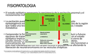 FISIOPATOLOGIA
• El estado epiléptico representa la persistencia de la excitación anormal y el
reclutamiento ineficaz de la inhibición.
• La excitación puede provenir de muchas fuentes, como un circuito
epileptogénico establecido de la epilepsia preexistente, excitación de la región
que rodea una lesión estructural o excitación difusa de un tóxico / estado
metabólico
• Comprender la fisiopatología del estado epiléptico puede conducir a futuras
opciones de tratamiento. Los primeros y muy rápidos cambios en el estado
epiléptico implican la fosforilación de proteínas, la apertura y el cierre de
canales iónicos, y la liberación de neurotransmisores y moduladores.
Esencialmente, todos los fármacos antiepilépticos (DEA) actuales funcionan a
este nivel interactuando con los canales iónicos o posiblemente afectando la
liberación de neurotransmisores en las vesículas sinápticas
 