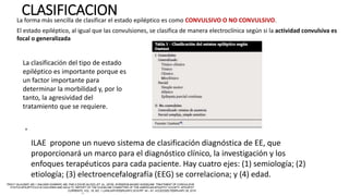 CLASIFICACIONLa forma más sencilla de clasificar el estado epiléptico es como CONVULSIVO O NO CONVULSIVO.
ILAE propone un nuevo sistema de clasificación diagnóstica de EE, que
proporcionará un marco para el diagnóstico clínico, la investigación y los
enfoques terapéuticos para cada paciente. Hay cuatro ejes: (1) semiología; (2)
etiología; (3) electroencefalografía (EEG) se correlaciona; y (4) edad.
"
El estado epiléptico, al igual que las convulsiones, se clasifica de manera electroclínica según si la actividad convulsiva es
focal o generalizada
La clasificación del tipo de estado
epiléptico es importante porque es
un factor importante para
determinar la morbilidad y, por lo
tanto, la agresividad del
tratamiento que se requiere.
 