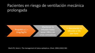 Pacientes en riesgo de ventilación mecánica 
prolongada 
Propofol a 1 – 
2mg/kg/hr 
Mantener la 
infusión hasta 
tener 24hrs sin 
crisis convulsivas 
Ir descalando la 
infusión a 5% 
por hora 
Marik PE, Varon J. The management of status epilepticus. Chest. 2004;126(2):582. 
 