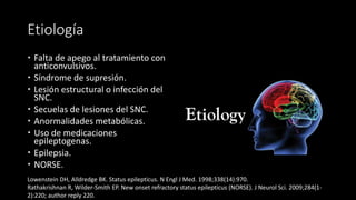 Etiología 
 Falta de apego al tratamiento con 
anticonvulsivos. 
 Síndrome de supresión. 
 Lesión estructural o infección del 
SNC. 
 Secuelas de lesiones del SNC. 
 Anormalidades metabólicas. 
 Uso de medicaciones 
epileptogenas. 
 Epilepsia. 
 NORSE. 
Lowenstein DH, Alldredge BK. Status epilepticus. N Engl J Med. 1998;338(14):970. 
Rathakrishnan R, Wilder-Smith EP. New onset refractory status epilepticus (NORSE). J Neurol Sci. 2009;284(1- 
2):220; author reply 220. 
 