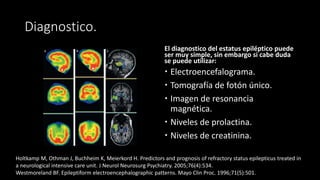 El diagnostico del estatus epiléptico puede 
ser muy simple, sin embargo si cabe duda 
se puede utilizar: 
 Electroencefalograma. 
 Tomografía de fotón único. 
 Imagen de resonancia 
magnética. 
 Niveles de prolactina. 
 Niveles de creatinina. 
Diagnostico. 
Holtkamp M, Othman J, Buchheim K, Meierkord H. Predictors and prognosis of refractory status epilepticus treated in 
a neurological intensive care unit. J Neurol Neurosurg Psychiatry. 2005;76(4):534. 
Westmoreland BF. Epileptiform electroencephalographic patterns. Mayo Clin Proc. 1996;71(5):501. 
 