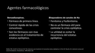 Benzodiacepinas. 
 Fármaco de primera línea. 
 Control rápido de las crisis 
convulsivas. 
 Son los fármacos con mas 
evidencia en el tratamiento de 
estatus epiléptico. 
Bloqueadores de canales de Na 
 Fenitoina y Fosfenitoina. 
 No es un fármaco útil para 
controlar la crisis epiléptica. 
 La utilidad es evitar la 
recurrencia del estatus 
epiléptico. 
Agentes farmacológicos 
Walker MC, Smith SJ, Shorvon SD. The intensive care treatment of convulsive status epilepticus in the UK. Results of a national survey and 
recommendations. Anaesthesia. 1995;50(2):130. 
 