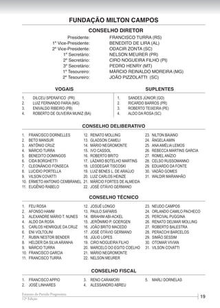 1912ª Edição
Estatuto do Partido Progressista
CONSELHO DIRETOR
	 Presidente:	 FRANCISCO TURRA (RS)
	 1º Vice-Presidente:	 BENEDITO DE LIRA (AL)
	 2º Vice-Presidente:	 ODACIR ZONTA (SC)
	 1º Secretário:	 NELSON MEURER (PR)
	 2º Secretário:	 CIRO NOGUEIRA FILHO (PI)
	 3º Secretário:	 PEDRO HENRY (MT)
	 1º Tesoureiro:	 MÁRCIO REINALDO MOREIRA (MG)
	 2º Tesoureiro:	 JOÃO PIZZOLATTI (SC)
1.	 DILCEU SPERAFICO (PR)
2.	 LUIZ FERNANDO FARIA (MG)
3.	 ENIVALDO RIBEIRO (PB)
4.	 ROBERTO DE OLIVEIRA MUNIZ (BA)
VOGAIS
1.	 FRANCISCO DORNELLES
2.	 BETO MANSUR
3.	 ANTÔNIO CRUZ
4.	 MÁRCIO TURRA
5.	 BENEDITO DOMINGOS
6.	 CIDA BORGHETTI
7.	 CLEONÂNCIO FONSECA
8.	 LUCIDIO PORTELLA
9.	 VILSON COVATTI
10.	 ERMETO ANTONIO CEMBRANEL
11.	 EUGÊNIO RABELO
12.	 RENATO MOLLING
13.	 GLADSON CAMELI
14.	 MÁRIO NEGROMONTE
15.	 IVO CASSOL
16.	 ROBERTO BRITO
17.	 LÁZARO BOTELHO MARTINS
18.	 LEODEGAR TISCOSKI
19.	 LUIZ BENES L. DE ARAÚJO
20.	 LUIZ CARLOS HEINZE
21.	 MÁRCIO FORTES DE ALMEIDA
22.	 JOSÉ OTÁVIO GERMANO
CONSELHO DELIBERATIVO
FUNDAÇÃO MILTON CAMPOS
1.	 SANDES JÚNIOR (GO)
2.	 RICARDO BARROS (PR)
3.	 ROBERTO TEIXEIRA (PE)
4.	 ALDO DA ROSA (SC)
SUPLENTES
23.	 NILTON BAIANO
24.	 ÂNGELAAMIN
25.	 ANAAMÉLIA LEMOS
26.	 REBECCA MARTINS GARCIA
27.	 ROMEL ANÍZIO
28.	 CELSO RUSSOMANNO
29.	 EDUARDO DA FONTE
30.	 VADÃO GOMES
31.	 WALDIR MARANHÃO
1.	 FEU ROSA
2.	 AFONSO HAMM
3.	 ALEXANDRE MÁRIO T. NUNES
4.	 ALDO DA ROSA
5.	 CARLOS HENRIQUE DA CRUZ
6.	 ENI VOLTOLINI
7.	 RUBIN NESTOR BENDER
8.	 HELDER DA SILVAARANHA
9.	 MÁRCIO TURRA
10.	 FRANCISCO GARCIA
11.	 FRANCISCO TURRA
12.	 JOSUÉ LONGO
13.	 PAULO SAFARIS
14.	 IBRAHIM ABI-ACKEL
15.	 JERÔNIMO P. GOERGEN
16.	 JOÃO BRITO MACEDO
17.	 JOSÉ OTÁVIO GERMANO
18.	 JÚLIO LOPES
19.	 CIRO NOGUEIRA FILHO
20.	 MARCELO DO EGITO COELHO
21.	 MÁRIO NEGROMONTE
22.	 NELSON MEURER
CONSELHO TÉCNICO
23.	 NEUDO CAMPOS
24.	 ORLANDO CAMILO PACHECO
25.	 PERCIVAL PUGGINA
26.	 RENATO DELMAR MOLLING
27.	 ROBERTO BALESTRA
28.	 PERACCHI BARCELOS
29.	 SIMÃO SESSIM
30.	 OTOMAR VIVIAN
31.	 VILSON COVATTI
1.	 FRANCISCO APPIO
2.	 JOSÉ LINHARES
3.	 RENO CARAMORI
4.	 ALESSANDRO ABREU
CONSELHO FISCAL
5.	 MARLI DORNELAS
 