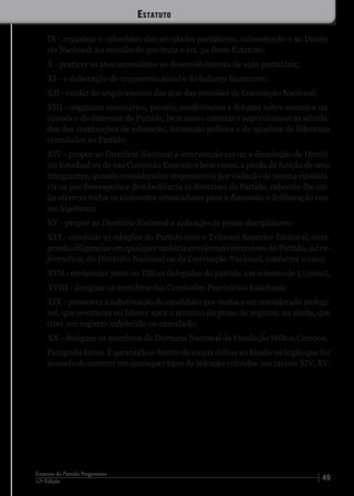 4912ª Edição
Estatuto do Partido Progressista
IX - organizar o calendário das atividades partidárias, submetendo-o ao Diretó-
rio Nacional, na reunião de que trata o art. 34 deste Estatuto;
X - praticar os atos necessários ao desenvolvimento da ação partidária;
XI - a elaboração do orçamento anual e do balanço financeiro;
XII - cuidar do arquivamento das atas das reuniões de Convenção Nacional;
XIII - organizar seminários, painéis, conferências e debates sobre assuntos na-
cionais e do interesse do Partido, bem como orientar e supervisionar as ativida-
des das instituições de educação, formação política e de quadros de liderança
vinculados ao Partido;
XIV - propor ao Diretório Nacional a intervenção em ou a dissolução de Diretó-
rio Estadual ou de sua Comissão Executiva bem como, a perda de função de seus
integrantes, quando considerados responsáveis por violação de norma estatutá-
ria ou por desrespeito e desobediência às diretrizes do Partido, cabendo-lhe ain-
da oferecer todos os elementos orientadores para a discussão e deliberação nes-
sas hipóteses;
XV - propor ao Diretório Nacional a aplicação de penas disciplinares;
XVI - conduzir as relações do Partido com o Tribunal Superior Eleitoral, cum-
prindo diligências em qualquer matéria envolvendo interesses do Partido, ad re-
ferendum, do Diretório Nacional ou da Convenção Nacional, conforme o caso;
XVII - credenciar junto ao TSE os delegados do partido, em número de 5 (cinco);
XVIII - designar os membros das Comissões Provisórias Estaduais;
XIX - promover a substituição do candidato que venha a ser considerado inelegí-
vel, que renunciar ou falecer após o término do prazo de registro, ou ainda, que
tiver seu registro indeferido ou cancelado;
XX - designar os membros da Diretoria Nacional da Fundação Milton Campos.
Parágrafo único. É garantido o direito de ampla defesa ao filiado ou órgão que for
acusado de incorrer em quaisquer tipos de infração referidos nos incisos XIV, XV.
Estatuto
 