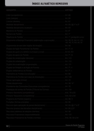 92 12ª Edição
Estatuto do Partido Progressista
Líder (competência) .................................................................................. Art. 86
Líder (eleição) ........................................................................................... Art. 85
Líderes (direitos) ....................................................................................... Art. 87
Medidas disciplinares ............................................................................... Art. 69, §§ 1º e 2º
Medidas disciplinares (sujeição) ............................................................... Art. 64
Membros do Partido ................................................................................. Art. 6º
Número do Partido .................................................................................... Art. 1º
Objetivos do Partido ................................................................................. Art. 1º, parágrafo único
Orçamento e Balanço Financeiro (elaboração e aprovação) .................... Art. 38, XI, Art. 41, VII,
	 Art. 42, III, Art. 45, IX
Orçamentos anuais (dos órgãos de direção) ............................................ Art. 98
Órgãos de Ação Parlamentar do Partido .................................................. Art. 7º, III
Órgãos de apoio (no âmbito municipal e zonal) ........................................ Art 45, XV
Órgãos de apoio do Partido ...................................................................... Art. 7º, IV
Órgãos de colaboração (deveres) ............................................................ Art. 113
Órgãos de colaboração ............................................................................ Art. 112
Órgãos de colaboração (organização) ..................................................... Art. 111
Órgãos de Direção e de Ação do Partido .................................................. Art. 7º, II
Órgãos deliberativos do Partido ............................................................... Art. 7º, I
Patrimônio do Partido (constituição) ......................................................... Art. 88
Patrimônio do Partido (em caso de dissolução) ........................................ Art. 129
Penas (aplicação liminar) ......................................................................... Art. 70
Penas disciplinares ................................................................................... Art. 38, “o”
Presidente das Comissões Executivas (competência) ............................. Art. 76
Prestação de contas do Partido (Tribunal de Contas) .............................. Art. 100
Primeiro Secretário (competência) ........................................................... Arts. 79 e 83
Primeiro Tesoureiro (competência) ........................................................... Arts. 82 e 83
Programa do Partido (registro) ................................................................. Art. 38, V
Punições (formas previstas) ..................................................................... Art. 65
Recurso (pela aplicação de penas disciplinares) ...................................... Art. 66, §§ 1º e 2º
Recurso (prazos nas decisões disciplinares) ............................................ Art. 69, § 3º
Recursos (relativos às eleições distritais) ................................................. Art. 49
Recursos Financeiros (responsabilidade) ................................................ Art. 127
Recursos Financeiros do Partido (normas) .............................................. Arts. 89, 90 e 94
ASSUNTO...........................................................................................ARTIGO
íNDICE ALFABÉTICO REMISSIVO
 