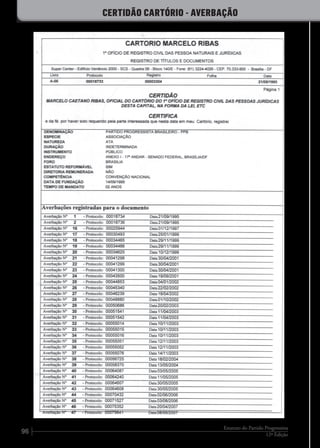 96 12ª Edição
Estatuto do Partido Progressista
CERTIDÃO CARTÓRIO - AVERBAÇÃO
 