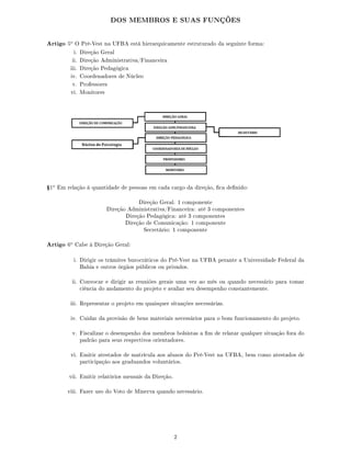 DOS MEMBROS E SUAS FUNÇÕES
Artigo 5o
O Pré-Vest na UFBA está hierarquicamente estruturado da seguinte forma:
i. Direção Geral
ii. Direção Administrativa/Financeira
iii. Direção Pedagógica
iv. Coordenadores de Núcleo
v. Professores
vi. Monitores
Ÿ1o
Em relação à quantidade de pessoas em cada cargo da direção, ca denido:
Direção Geral: 1 componente
Direção Administrativa/Financeira: até 3 componentes
Direção Pedagógica: até 3 componentes
Direção de Comunicação: 1 componente
Secretário: 1 componente
Artigo 6o
Cabe à Direção Geral:
i. Dirigir os trâmites burocráticos do Pré-Vest na UFBA perante a Universidade Federal da
Bahia e outros órgãos públicos ou privados.
ii. Convocar e dirigir as reuniões gerais uma vez ao mês ou quando necessário para tomar
ciência do andamento do projeto e avaliar seu desempenho constantemente.
iii. Representar o projeto em quaisquer situações necessárias.
iv. Cuidar da provisão de bens materiais necessários para o bom funcionamento do projeto.
v. Fiscalizar o desempenho dos membros bolsistas a m de relatar qualquer situação fora do
padrão para seus respectivos orientadores.
vi. Emitir atestados de matrícula aos alunos do Pré-Vest na UFBA, bem como atestados de
participação aos graduandos voluntários.
vii. Emitir relatórios mensais da Direção.
viii. Fazer uso do Voto de Minerva quando necessário.
2
 