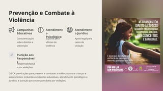 Prevenção e Combate à
Violência
Campanhas
Educativas
Conscientização
sobre direitos e
prevenção
Atendiment
o
Psicológico
Suporte para
vítimas de
violência
Atendiment
o Jurídico
Apoio legal para
casos de
violação
Punição aos
Responsávei
s
Responsabilizaçã
o por violações
O ECA prevê ações para prevenir e combater a violência contra crianças e
adolescentes, incluindo campanhas educativas, atendimento psicológico e
jurídico, e punição para os responsáveis por violações.
 