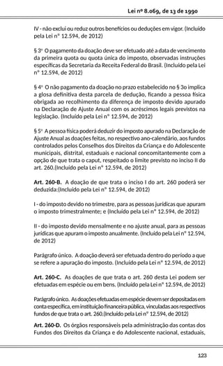 123
Lei nº 8.069, de 13 de 1990
IV - não exclui ou reduz outros benefícios ou deduções em vigor. (Incluído
pela Lei nº 12.594, de 2012)
§ 3o
O pagamento da doação deve ser efetuado até a data de vencimento
da primeira quota ou quota única do imposto, observadas instruções
específicas da Secretaria da Receita Federal do Brasil. (Incluído pela Lei
nº 12.594, de 2012)
§ 4o
O não pagamento da doação no prazo estabelecido no § 3o implica
a glosa definitiva desta parcela de dedução, ficando a pessoa física
obrigada ao recolhimento da diferença de imposto devido apurado
na Declaração de Ajuste Anual com os acréscimos legais previstos na
legislação. (Incluído pela Lei nº 12.594, de 2012)
§ 5o
A pessoa física poderá deduzir do imposto apurado na Declaração de
Ajuste Anual as doações feitas, no respectivo ano-calendário, aos fundos
controlados pelos Conselhos dos Direitos da Criança e do Adolescente
municipais, distrital, estaduais e nacional concomitantemente com a
opção de que trata o caput, respeitado o limite previsto no inciso II do
art. 260.(Incluído pela Lei nº 12.594, de 2012)
Art. 260-B. A doação de que trata o inciso I do art. 260 poderá ser
deduzida:(Incluído pela Lei nº 12.594, de 2012)
I - do imposto devido no trimestre, para as pessoas jurídicas que apuram
o imposto trimestralmente; e (Incluído pela Lei nº 12.594, de 2012)
II - do imposto devido mensalmente e no ajuste anual, para as pessoas
jurídicas que apuram o imposto anualmente. (Incluído pela Lei nº 12.594,
de 2012)
Parágrafo único. A doação deverá ser efetuada dentro do período a que
se refere a apuração do imposto. (Incluído pela Lei nº 12.594, de 2012)
Art. 260-C. As doações de que trata o art. 260 desta Lei podem ser
efetuadas em espécie ou em bens. (Incluído pela Lei nº 12.594, de 2012)
Parágrafoúnico. Asdoaçõesefetuadasemespéciedevemserdepositadasem
contaespecífica,eminstituiçãofinanceirapública,vinculadasaosrespectivos
fundos de que trata o art. 260.(Incluído pela Lei nº 12.594, de 2012)
Art. 260-D. Os órgãos responsáveis pela administração das contas dos
Fundos dos Direitos da Criança e do Adolescente nacional, estaduais,
 