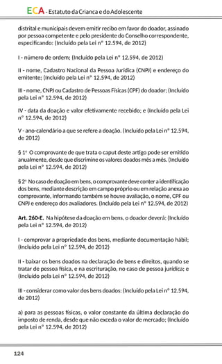 124
ECA-EstatutodaCriancaedoAdolescente
distrital e municipais devem emitir recibo em favor do doador, assinado
por pessoa competente e pelo presidente do Conselho correspondente,
especificando: (Incluído pela Lei nº 12.594, de 2012)
I - número de ordem; (Incluído pela Lei nº 12.594, de 2012)
II - nome, Cadastro Nacional da Pessoa Jurídica (CNPJ) e endereço do
emitente; (Incluído pela Lei nº 12.594, de 2012)
III - nome, CNPJ ou Cadastro de Pessoas Físicas (CPF) do doador; (Incluído
pela Lei nº 12.594, de 2012)
IV - data da doação e valor efetivamente recebido; e (Incluído pela Lei
nº 12.594, de 2012)
V - ano-calendário a que se refere a doação. (Incluído pela Lei nº 12.594,
de 2012)
§ 1o
O comprovante de que trata o caput deste artigo pode ser emitido
anualmente, desde que discrimine os valores doados mês a mês. (Incluído
pela Lei nº 12.594, de 2012)
§2o
Nocasodedoaçãoembens,ocomprovantedeveconteraidentificação
dos bens, mediante descrição em campo próprio ou em relação anexa ao
comprovante, informando também se houve avaliação, o nome, CPF ou
CNPJ e endereço dos avaliadores. (Incluído pela Lei nº 12.594, de 2012)
Art. 260-E. Na hipótese da doação em bens, o doador deverá: (Incluído
pela Lei nº 12.594, de 2012)
I - comprovar a propriedade dos bens, mediante documentação hábil;
(Incluído pela Lei nº 12.594, de 2012)
II - baixar os bens doados na declaração de bens e direitos, quando se
tratar de pessoa física, e na escrituração, no caso de pessoa jurídica; e
(Incluído pela Lei nº 12.594, de 2012)
III - considerar como valor dos bens doados: (Incluído pela Lei nº 12.594,
de 2012)
a) para as pessoas físicas, o valor constante da última declaração do
imposto de renda, desde que não exceda o valor de mercado; (Incluído
pela Lei nº 12.594, de 2012)
 