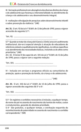 198
ECA-EstatutodaCriancaedoAdolescente
IX-formaçãoprofissionalcomabrangênciadosdiversosdireitosdacriança
e do adolescente que favoreça a intersetorialidade no atendimento da
criança e do adolescente e seu desenvolvimento integral;
X - realização e divulgação de pesquisas sobre desenvolvimento infantil
e sobre prevenção da violência.” (NR)
Art. 31. O art. 92 da Lei nº 8.069, de 13 de julho de 1990, passa a vigorar
acrescido do seguinte § 7o
:
“Art. 92. .....................................................................
.............................................................................................
§7o
Quandosetratardecriançade0(zero)a3(três)anosemacolhimento
institucional, dar-se-á especial atenção à atuação de educadores de
referência estáveis e qualitativamente significativos, às rotinas específicas
e ao atendimento das necessidades básicas, incluindo as de afeto como
prioritárias.” (NR)
Art. 32. O inciso IV do caput do art. 101 da Lei nº 8.069, de 13 de julho
de 1990, passa a vigorar com a seguinte redação:
“Art. 101. ....................................................................
............................................................................................
IV - inclusão em serviços e programas oficiais ou comunitários de
proteção, apoio e promoção da família, da criança e do adolescente;
...................................................................................” (NR)
Art. 33. O art. 102 da Lei nº 8.069, de 13 de julho de 1990, passa a
vigorar acrescido dos seguintes §§ 5o
e 6o
:
“Art. 102. ....................................................................
...........................................................................................
§ 5o
Os registros e certidões necessários à inclusão, a qualquer tempo,
do nome do pai no assento de nascimento são isentos de multas, custas
e emolumentos, gozando de absoluta prioridade.
§ 6o
São gratuitas, a qualquer tempo, a averbação requerida do
reconhecimento de paternidade no assento de nascimento e a certidão
correspondente.” (NR)
 