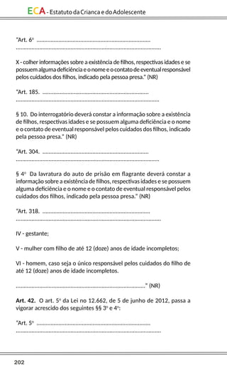 202
ECA-EstatutodaCriancaedoAdolescente
“Art. 6o
.........................................................................
.............................................................................................
X - colher informações sobre a existência de filhos, respectivas idades e se
possuemalgumadeficiênciaeonomeeocontatodeeventualresponsável
pelos cuidados dos filhos, indicado pela pessoa presa.” (NR)
“Art. 185. ....................................................................
............................................................................................
§ 10. Do interrogatório deverá constar a informação sobre a existência
de filhos, respectivas idades e se possuem alguma deficiência e o nome
e o contato de eventual responsável pelos cuidados dos filhos, indicado
pela pessoa presa.” (NR)
“Art. 304. ....................................................................
............................................................................................
§ 4o
Da lavratura do auto de prisão em flagrante deverá constar a
informação sobre a existência de filhos, respectivas idades e se possuem
alguma deficiência e o nome e o contato de eventual responsável pelos
cuidados dos filhos, indicado pela pessoa presa.” (NR)
“Art. 318. .....................................................................
.............................................................................................
IV - gestante;
V - mulher com filho de até 12 (doze) anos de idade incompletos;
VI - homem, caso seja o único responsável pelos cuidados do filho de
até 12 (doze) anos de idade incompletos.
...................................................................................” (NR)
Art. 42. O art. 5o
da Lei no 12.662, de 5 de junho de 2012, passa a
vigorar acrescido dos seguintes §§ 3o
e 4o
:
“Art. 5o
.........................................................................
.............................................................................................
 